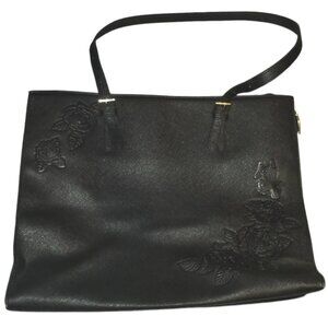 Black Faux Leather Laptop Case | Rose Embellishments | Multiple Pockets